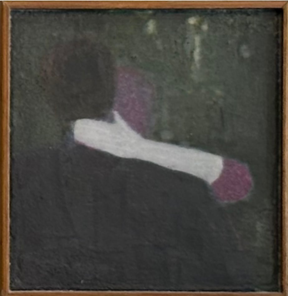 Painting of a figure putting their arm behind someone's neck