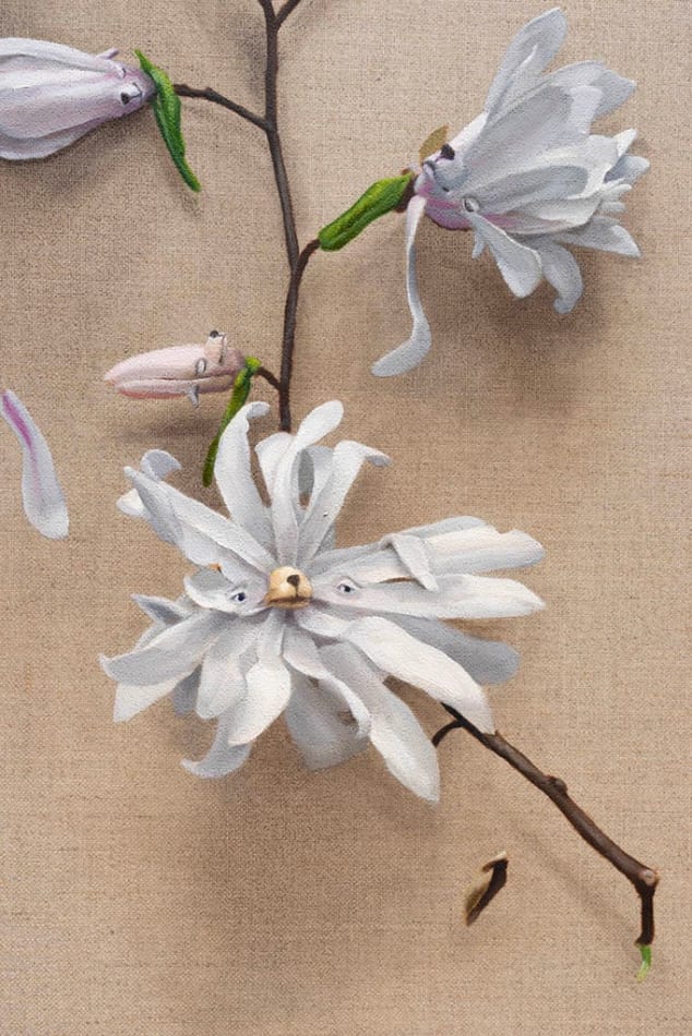 detail of painting of white flowers with subtle dog faces