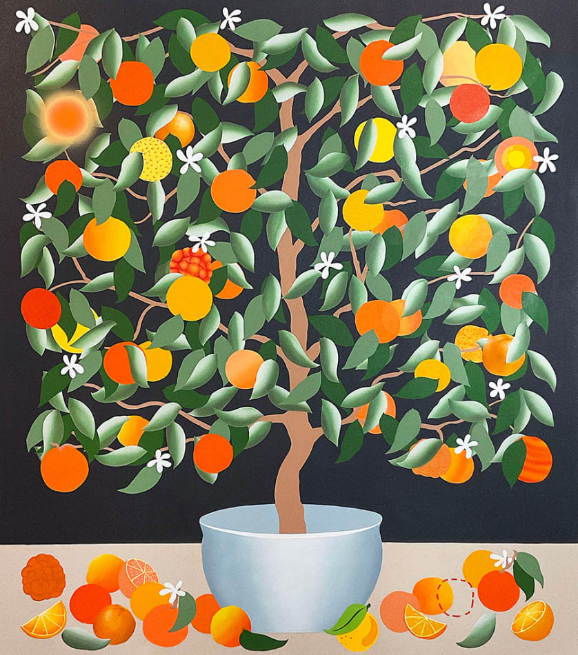 Painting of a rectangular orange tree in a white pot on a khaki surface and a black background by Stephen D'Onofrio.