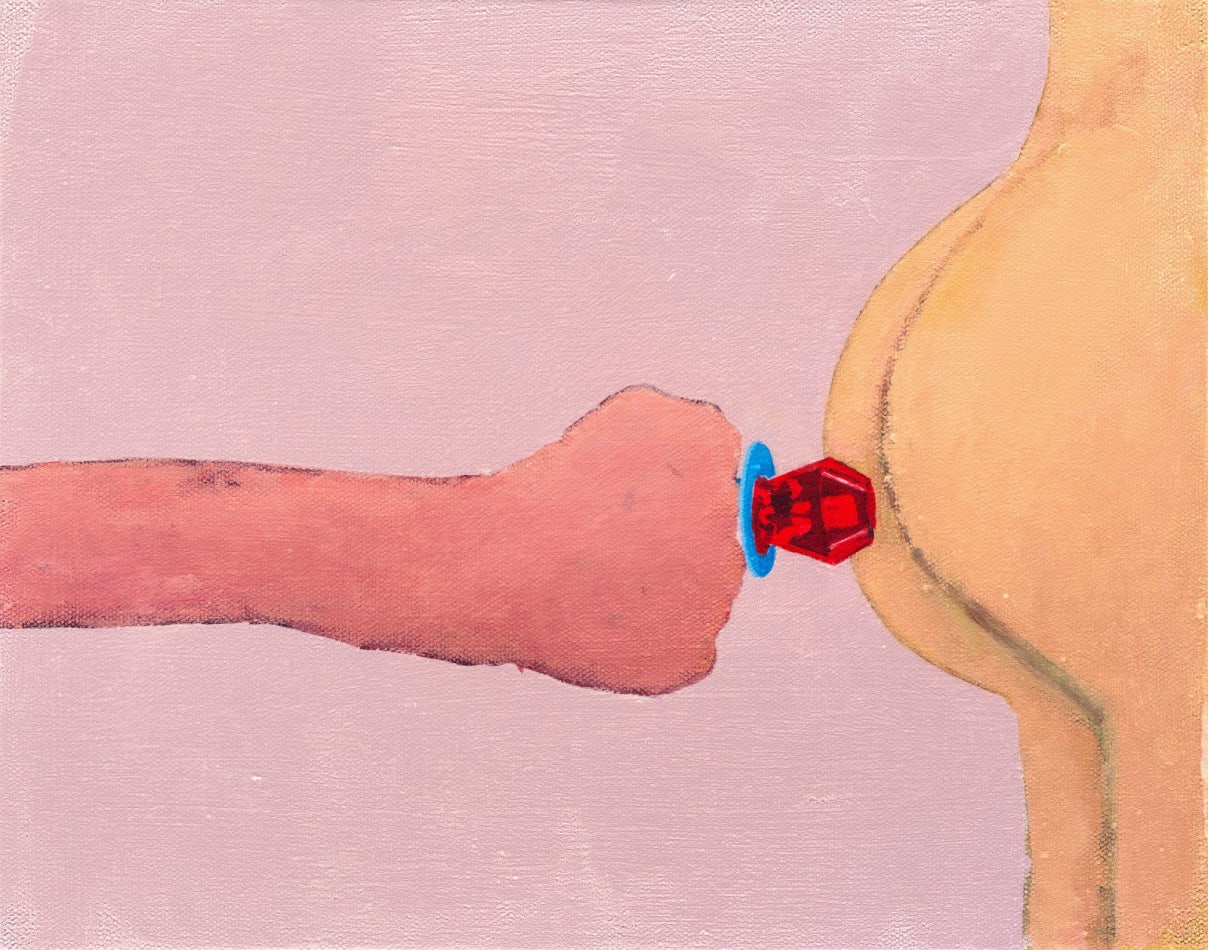 painting of a hand wearing a ring pop next to a butt on a pink background