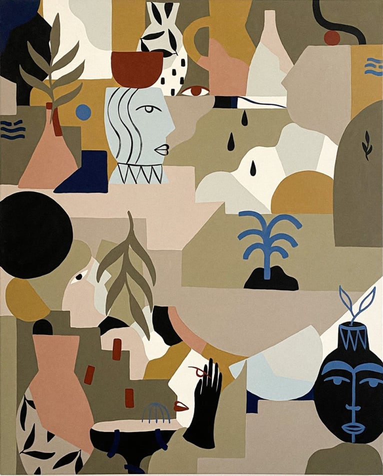 collages of earth tones vases, plants and abstract shapes
