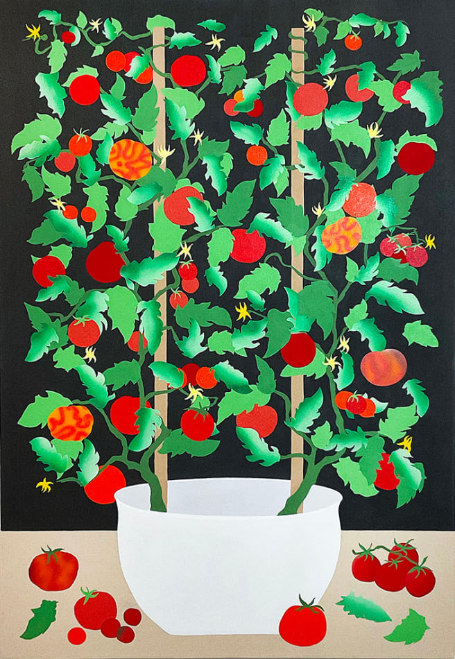 Painting of a rectangular tomato plant in a white pot on a khaki surface and black background by Stephen D'Onofrio