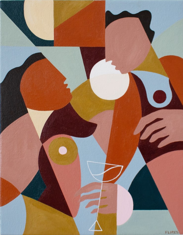 Painting of two abstract figures, one holding a wine glass by Liz Flores.