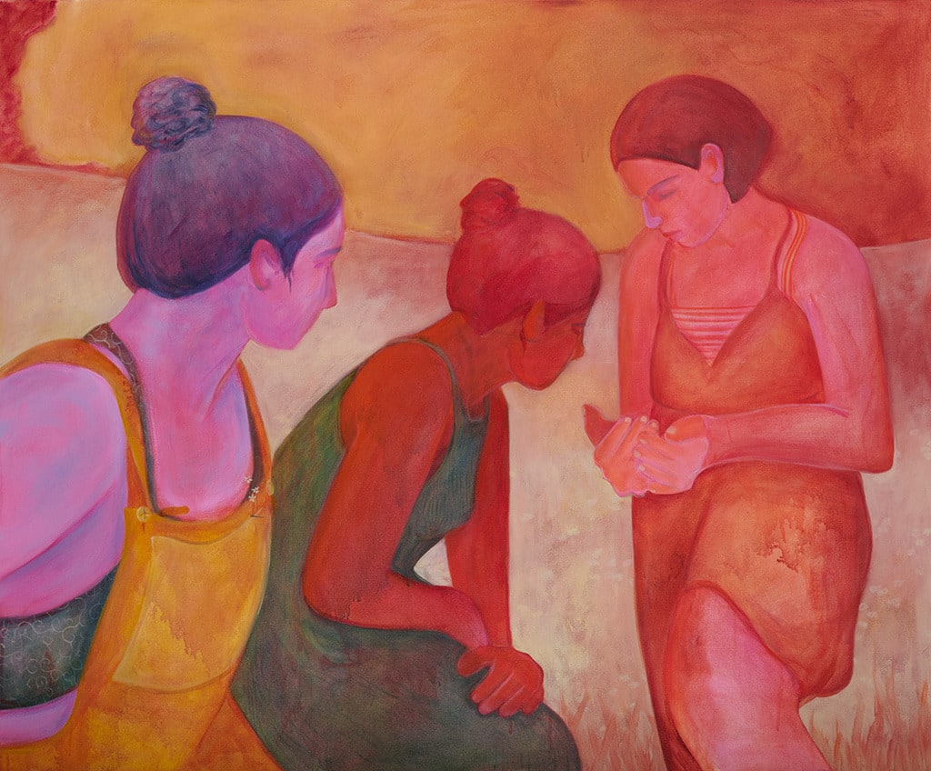 painting by artist genevieve cohn of three women kneeling close together, examining something in one of their cupped hands