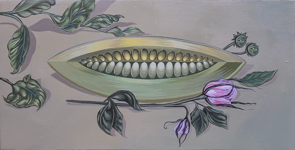 Sabrina Bockler painting of melon slice in muted tones, blue gray, green, purple florals below