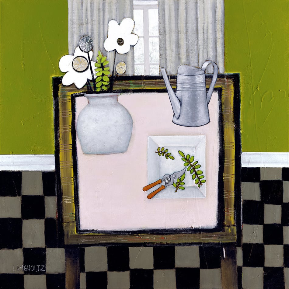 Gabe Langholtz painting of tabletop with flowers, watering can and pruning sheers