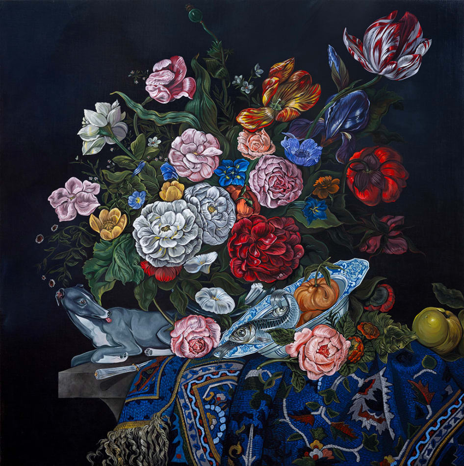 Oil painting of a still life featuring a bouquet of flowers, a grey dog, and an ornately patterned blue cloth against a black background by Sabrina Bockler