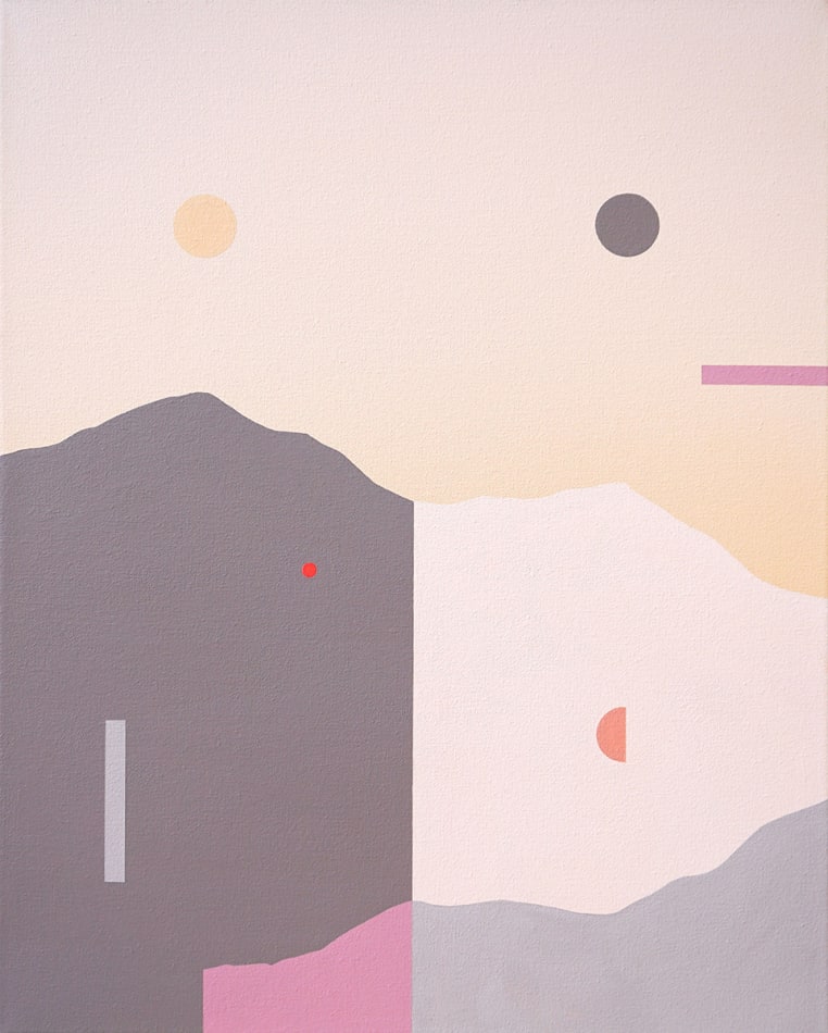 painted of an abstracted landscape done in plants shapes and with a split contrasting color scheme