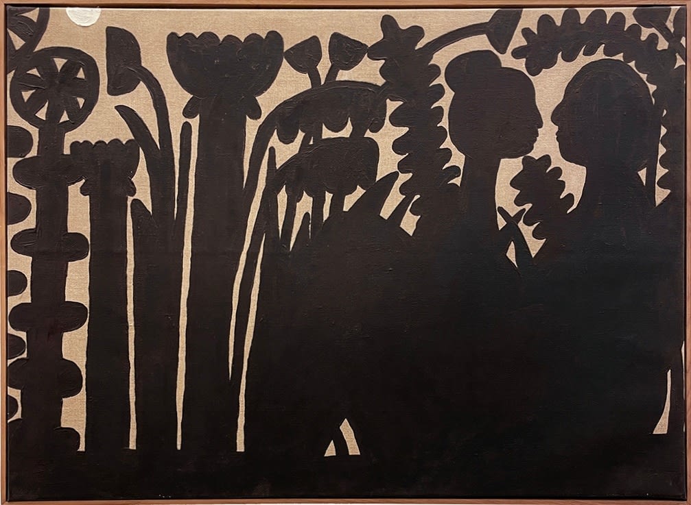 Carissa Potter Carlson painting in black on raw canvas. Silhouettes of flowers and two figures sitting, moon is visible