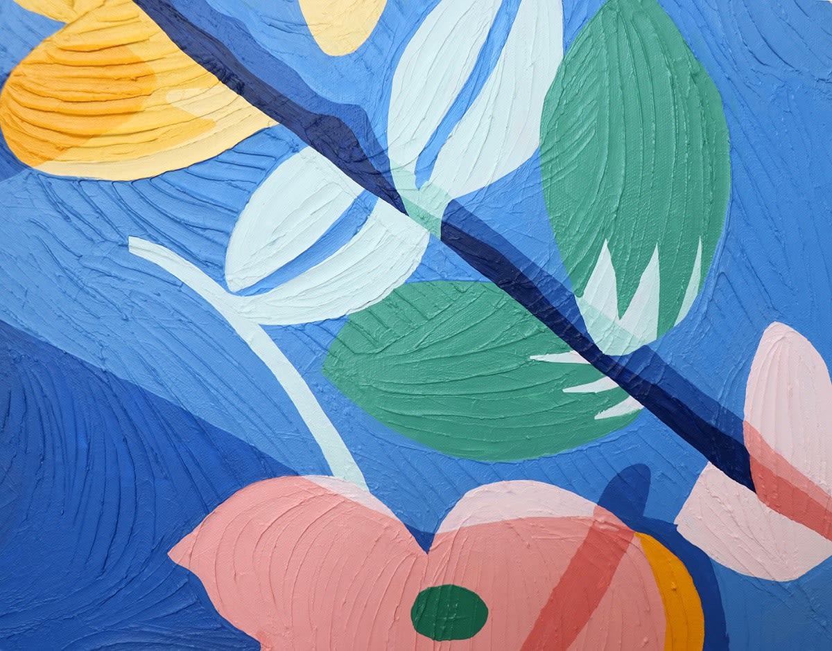 detail of Annie Duncan painting of clear nail polish bottle - open with brush on side. Bright floral background