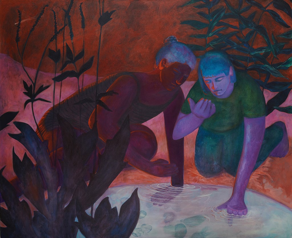Painting by Genevieve Cohn depicting two women examining something near a pool of water