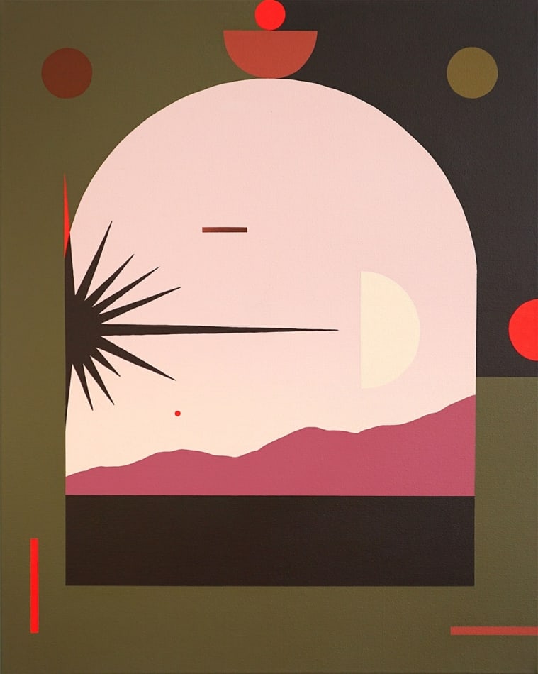 painting of a window looking out onto a pink dessert landscape