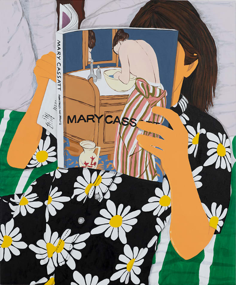 Karen Lederer painting of woman lying in bed reading Mary Cassatt book