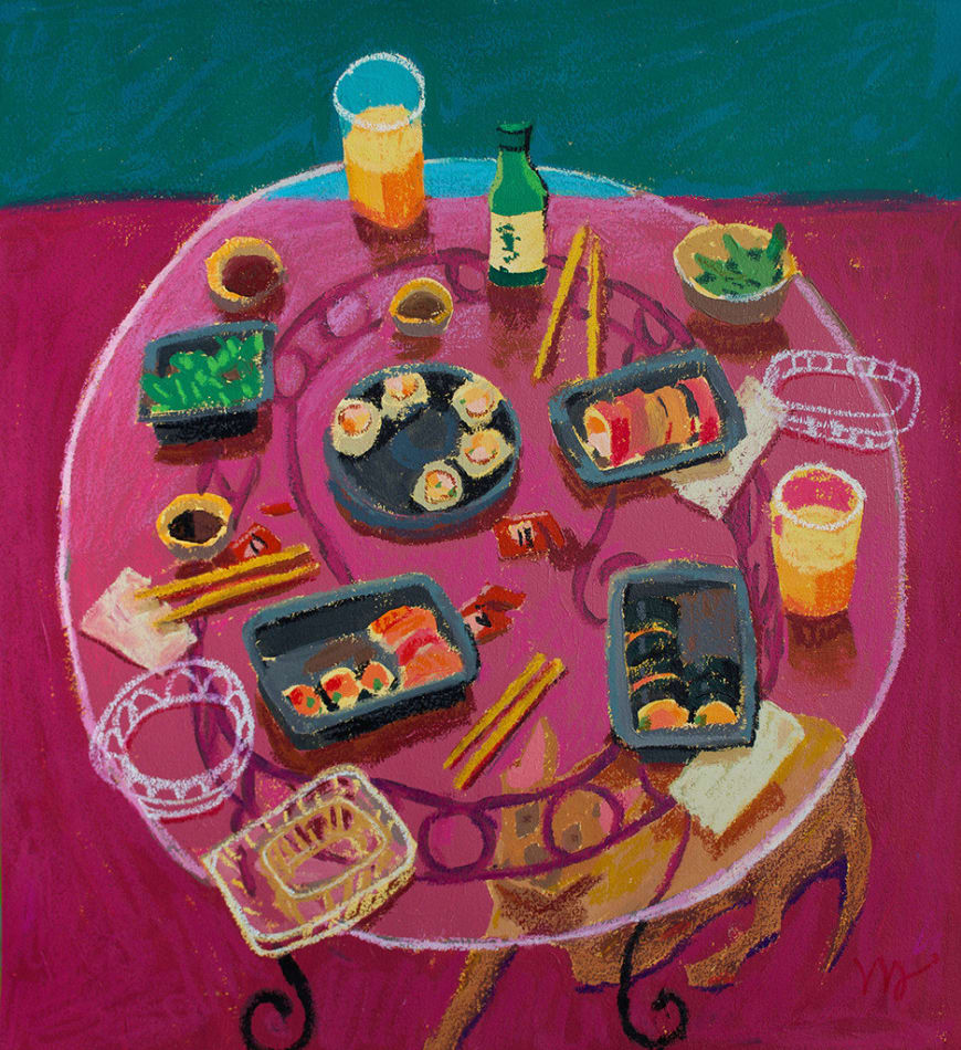 Painting by Nicholas Bono Kennedy of a clear glass table with take out sushi containers on the table and a small dog laying on the pink carpet underneath