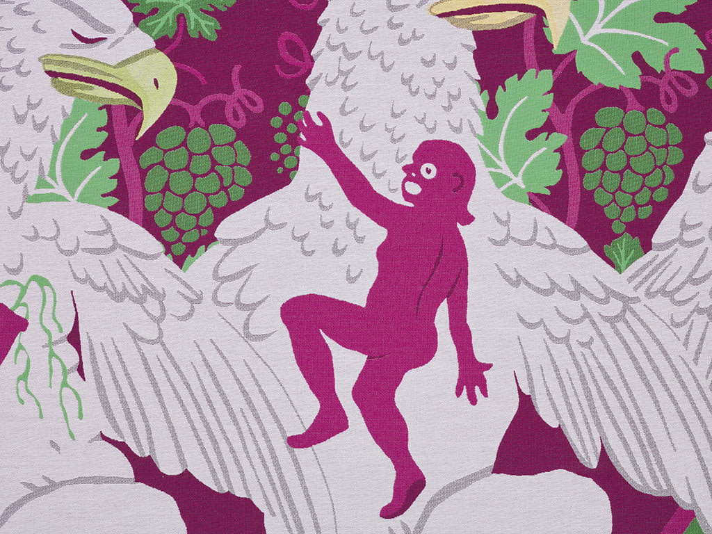 Detail of Oona Brangam-Snell hand-woven embroidery of eagles, grapes, and figures climbing