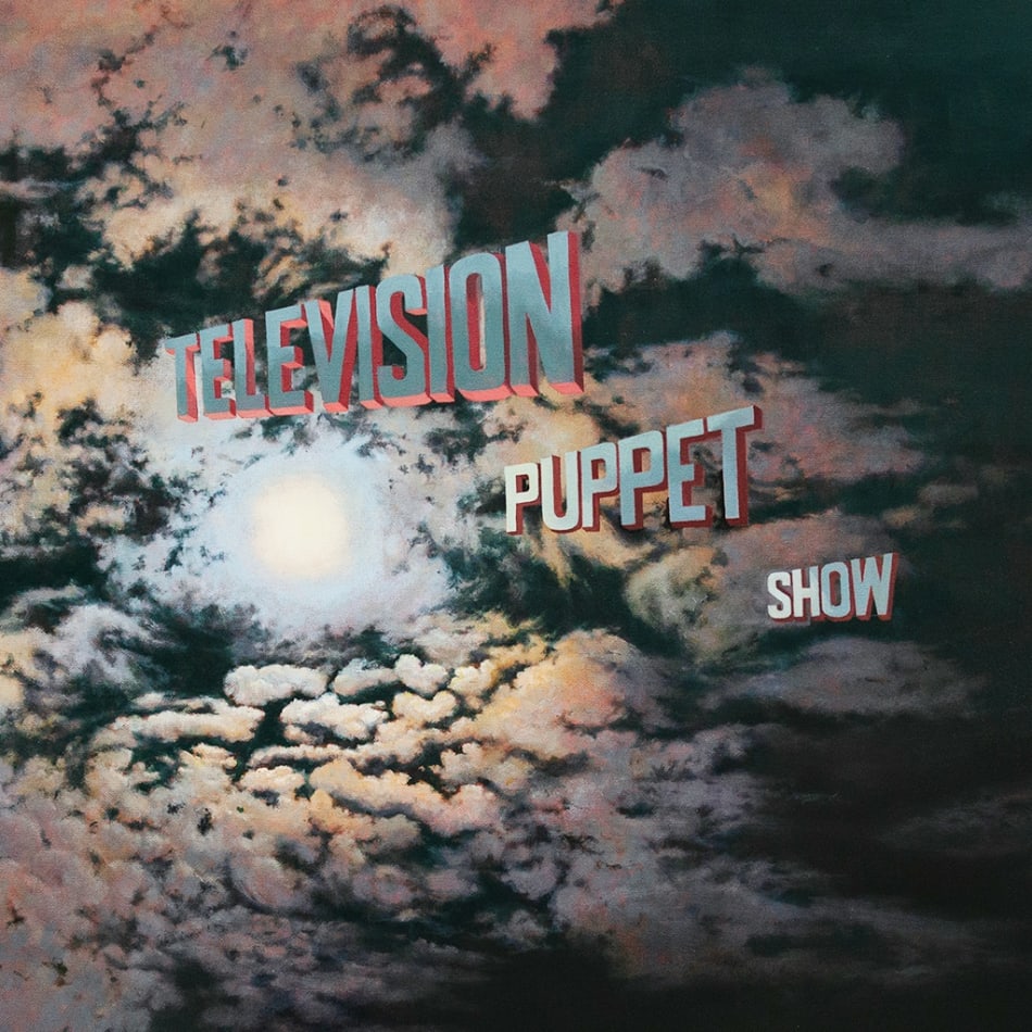 Painting of a night sky with pink, blue and white iridescent clouds with the words Television Puppet Show of center from the moon