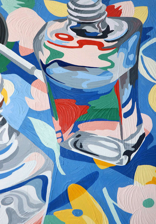 detail of Annie Duncan painting of clear nail polish bottle - open with brush on side. Bright floral background