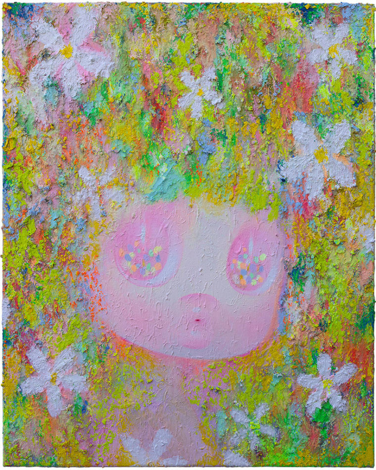 So Youn Lee painting of childlike figure and white flowers in pastel tones, very textured