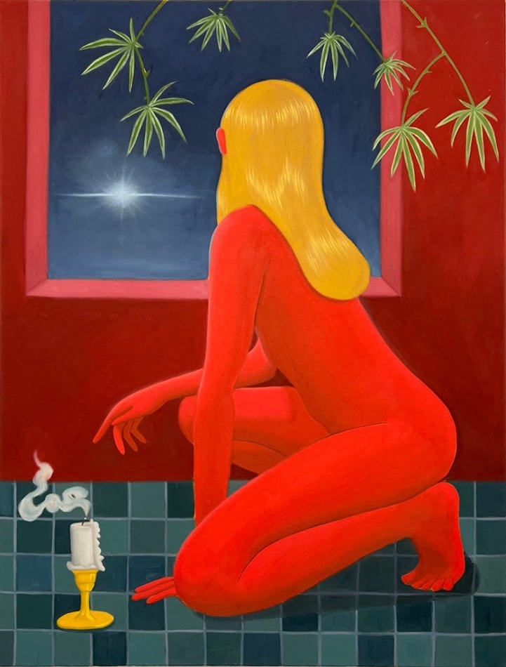 nude woman crouched next to a just extinguished candle