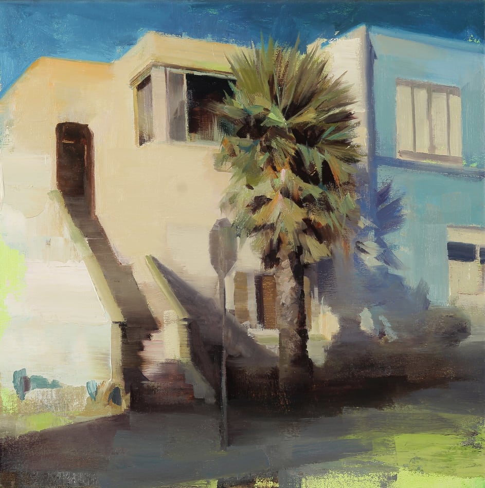 Kim Cogan painting of building and palm tree