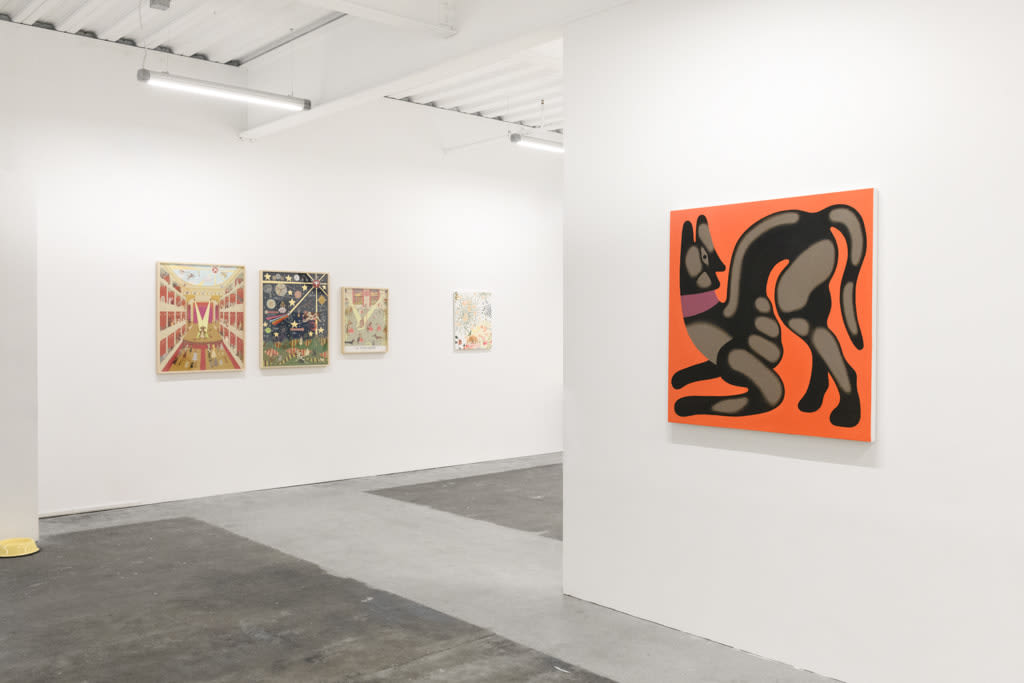 Installation view of a gallery wall with various artworks installed for the Doggone Delightful group exhibition at Hashimoto Contemporary San Francisco