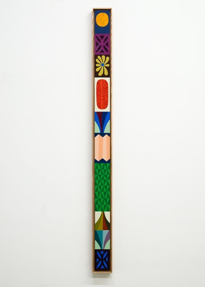 Vertical painting with small designed stacked on top of each other featuring a yellow flower, a red feather, a sun, a checkered green design, a diamond shaped design and a blue flower