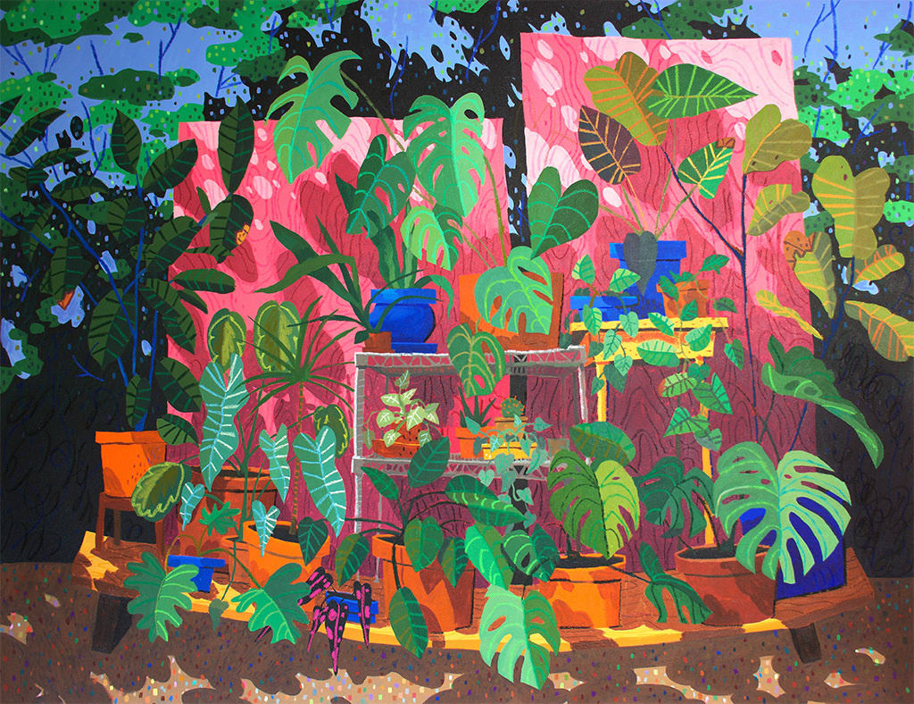 painting of multiple plant shelves full of various house plants by Nicholas Bono Kennedy