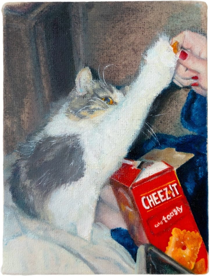 Ester Tuva - Painting of a cat reaching for a piece of Cheezit from a human hand.