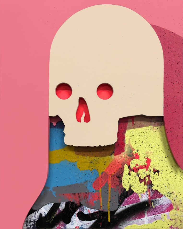 Painting of a skull with graffiti below by Michael Reeder