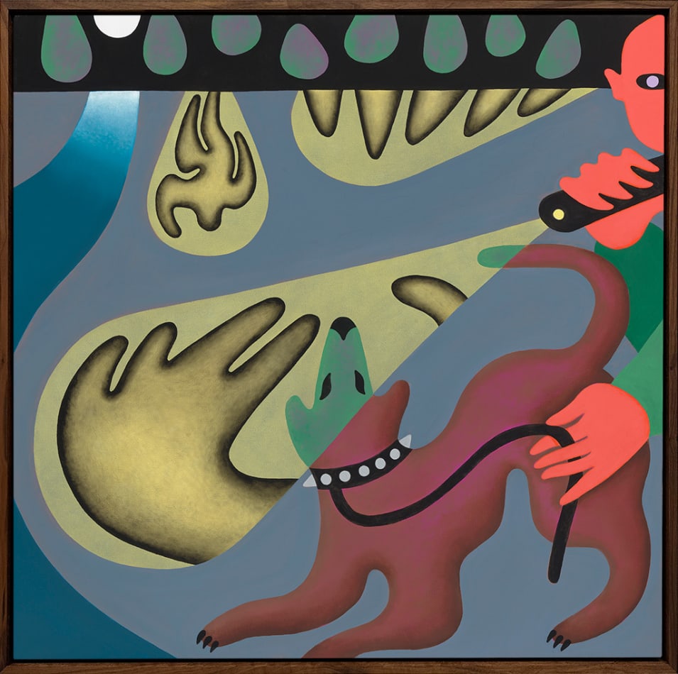 painting by Austin Elfio Montanari depicting a person with a flashlight walking their dog at night