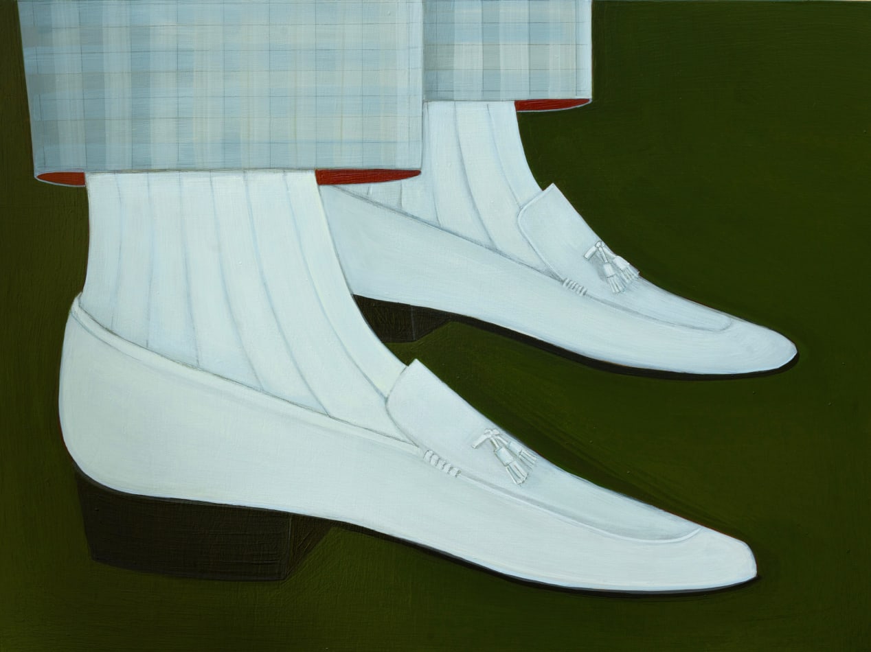 painting of feet in slim ice blue loafers on a dark green background