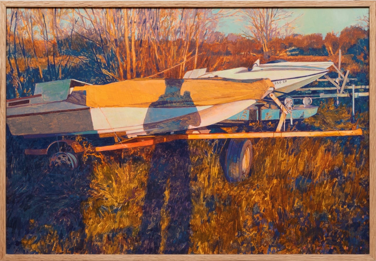 Painting of a photo of a small boat on grass. The sun is setting and you can see the shadow of the person taking the photo reflected on the boat.