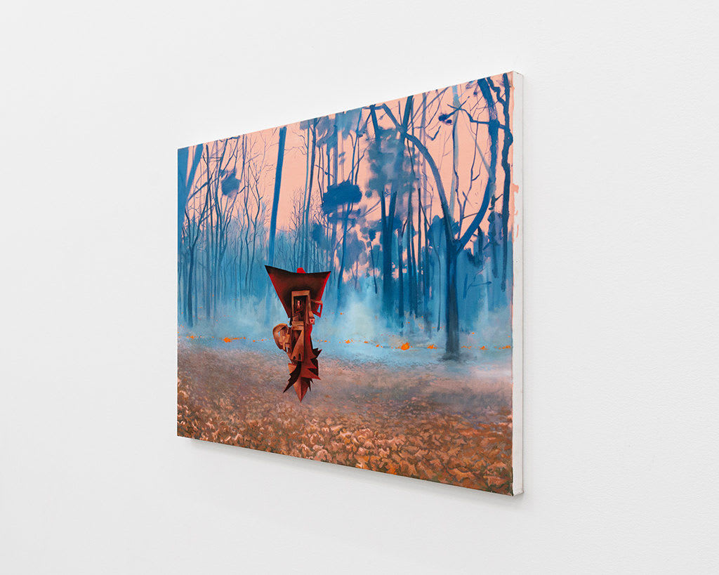 Painting of a misty forest with blue trees and pink sky, floating above a pebbled ground is an abstract brown and red object
