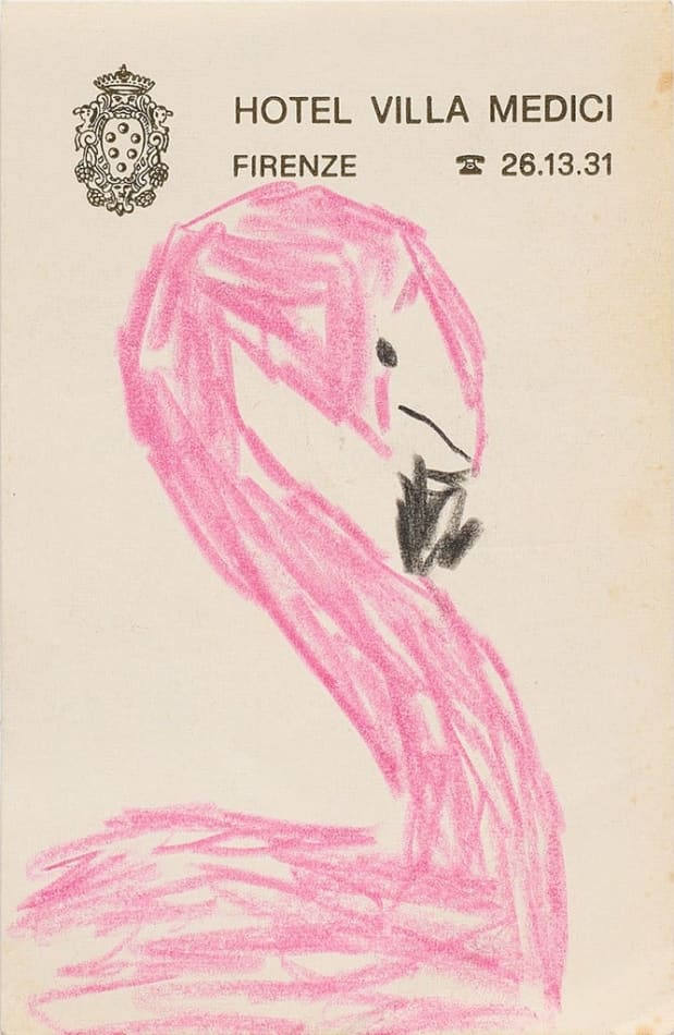 Drawing of a pink flamingo on hotel stationery