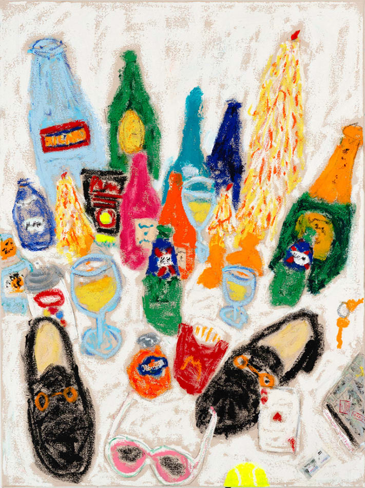 painting by Michael McGregor of colorful objects including bottles, shoes, glasses, wine glass, etc.