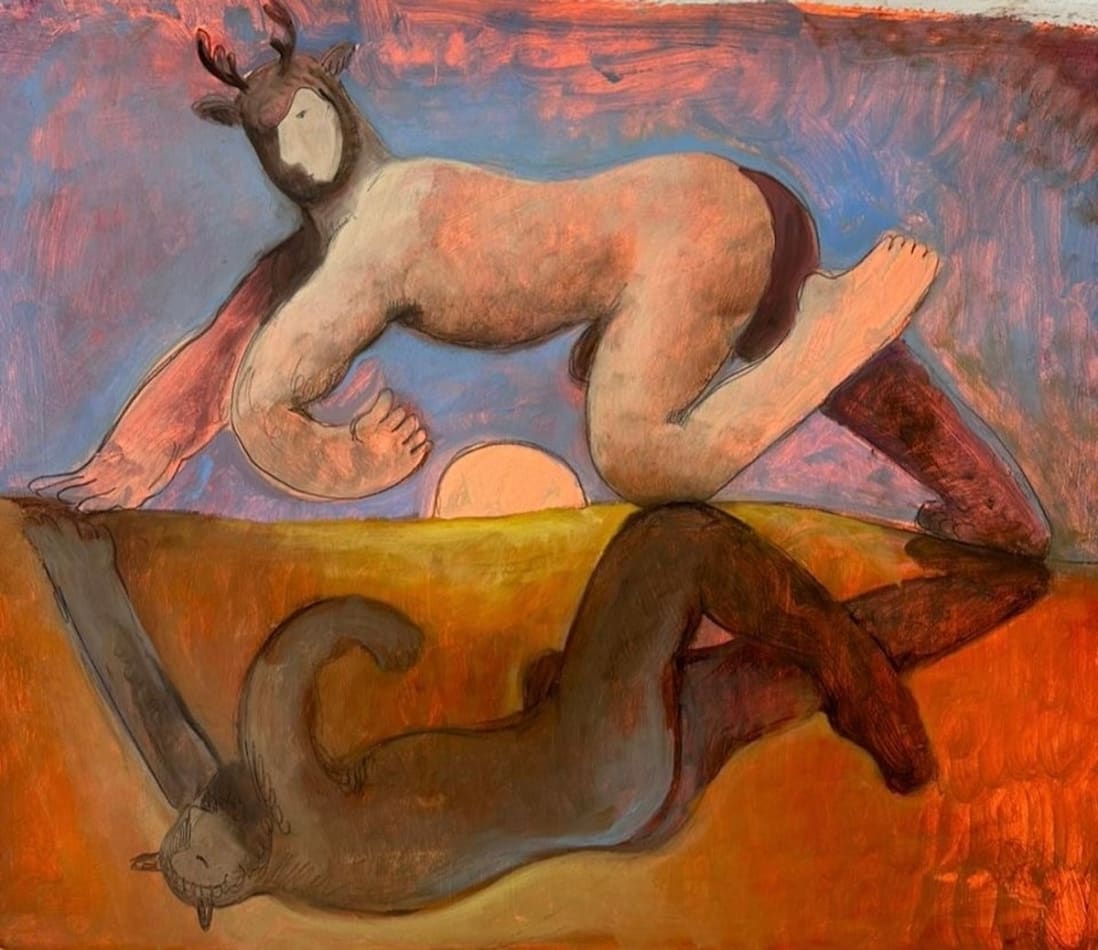 Carlos Rodriguez - painting on paper of a nude man crawling towards the left side of the painting with his one leg straight and the other bended on a mirror surface with clear reflections. He is wearing dear horn with blue background and in the reflection wearing a fox mask with orange background. In between the gap between his posture is the half sun at horizon and in the center of the paper.