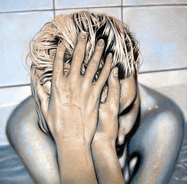 Linnea Strid painting of figure in tub with hands in hair covering face