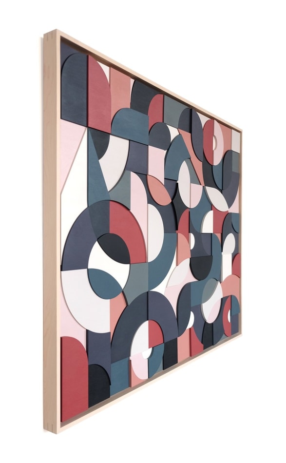 Scott Albrecht wood relief painting in blue and pink tones