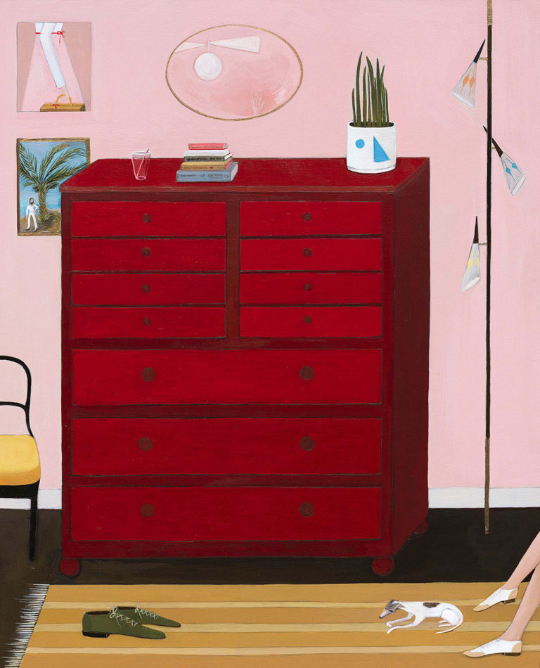 Interior painting of a a room with pink walls and a very large red dresser with several drawers. In front of the dresser is a yellow rug with a pair of black shoes and a small dog on it. There is a tall lamp next to the dresser with three lights. Above the dresser is an oval shaped mirror and two paintings.