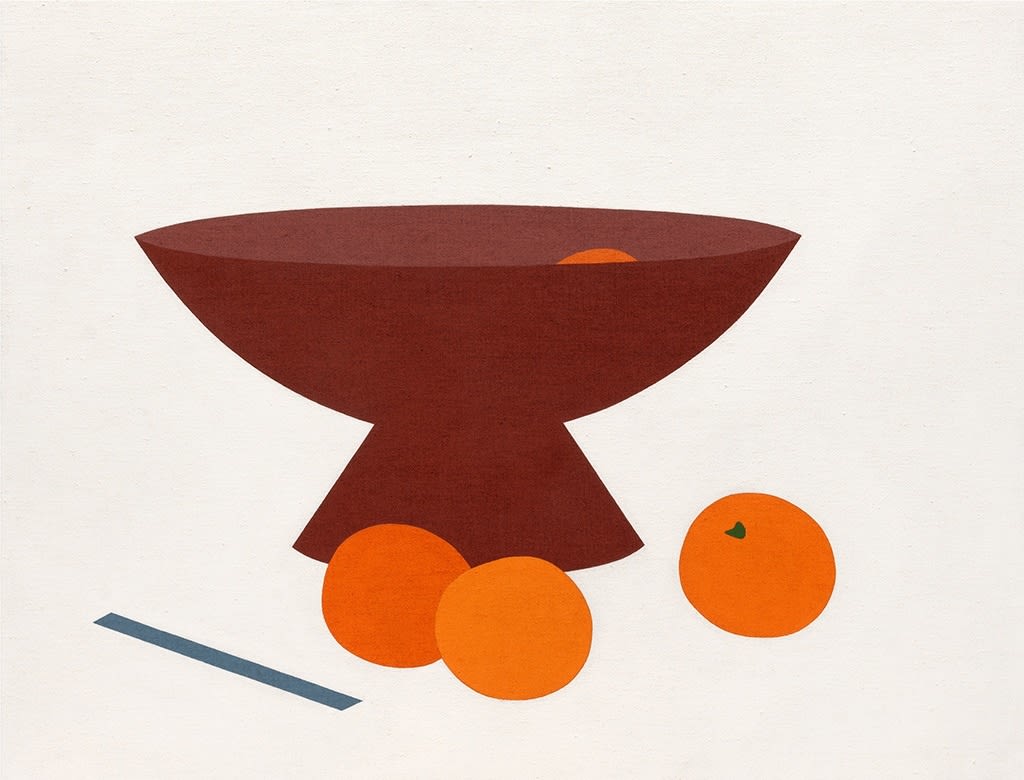 Painting of a bowl with an orange inside of it and three oranges on the surface below it
