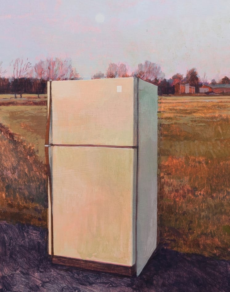 Painting of a white refrigerator on the side of the road on browning grass. In the distance are bare trees and a dimly lite full moon.