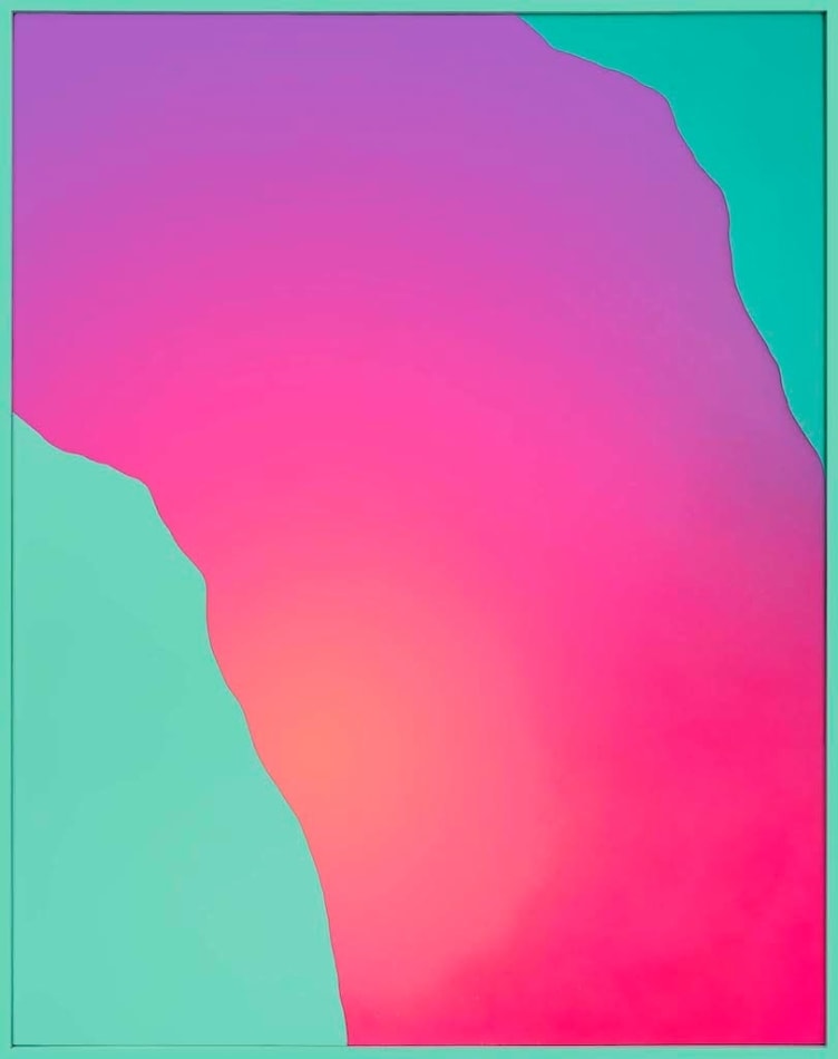 Rachel Strum paint and resin piece, abstract shapes in turquoise, pinks and purples