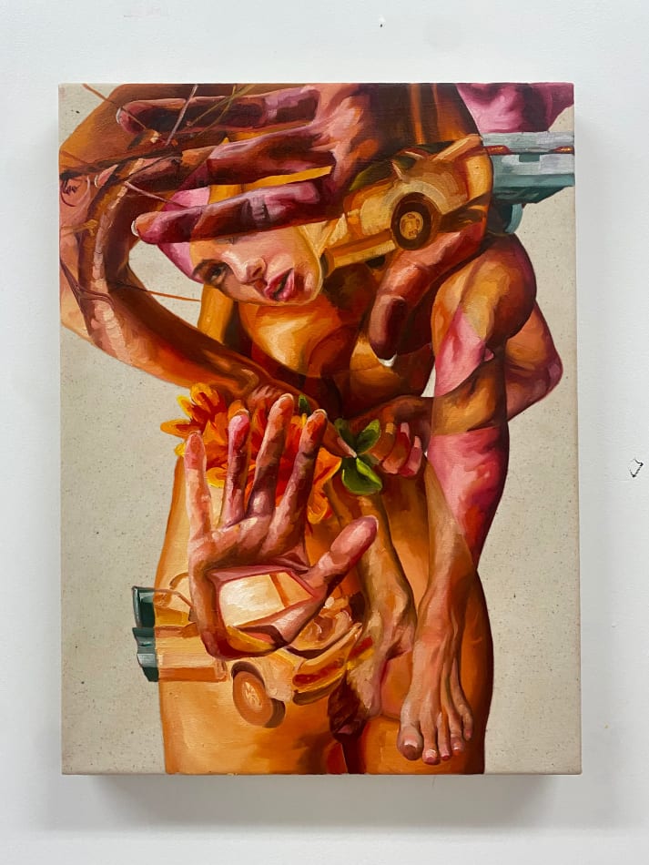 Painting of woman with translucent cars and flowers painted over her by Kathryn Kampovsky