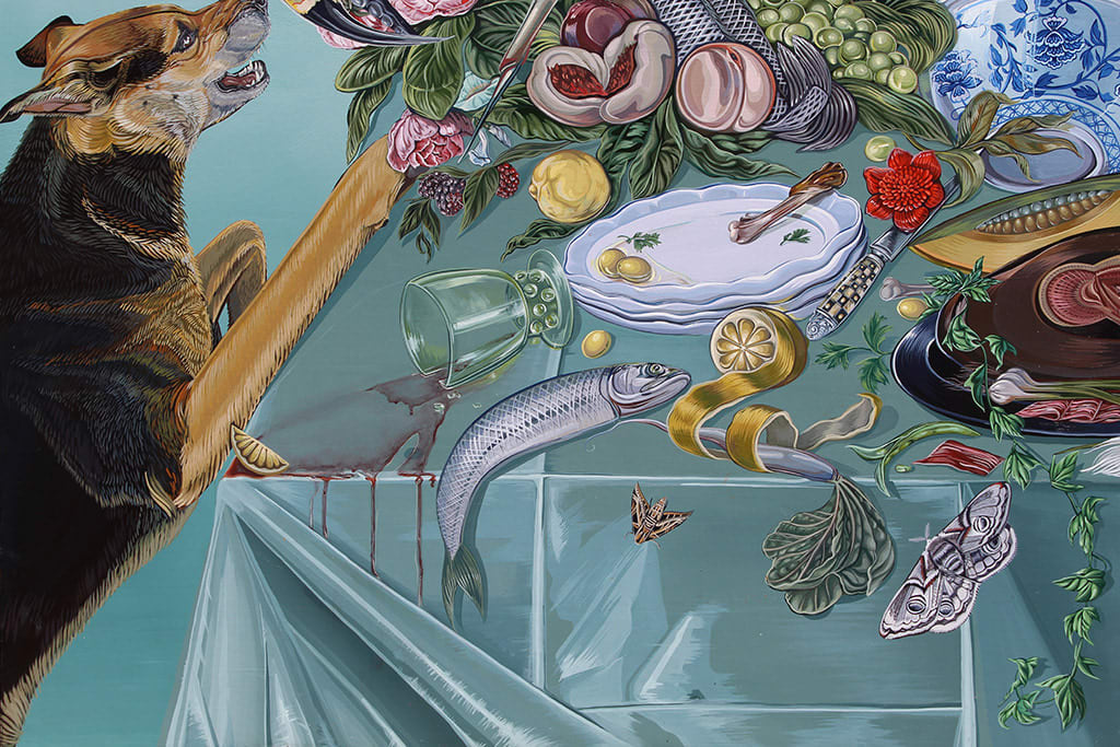 Detail of Sabrina Bockler painting of feast on table, flowers, fruit, lobsters, etc
