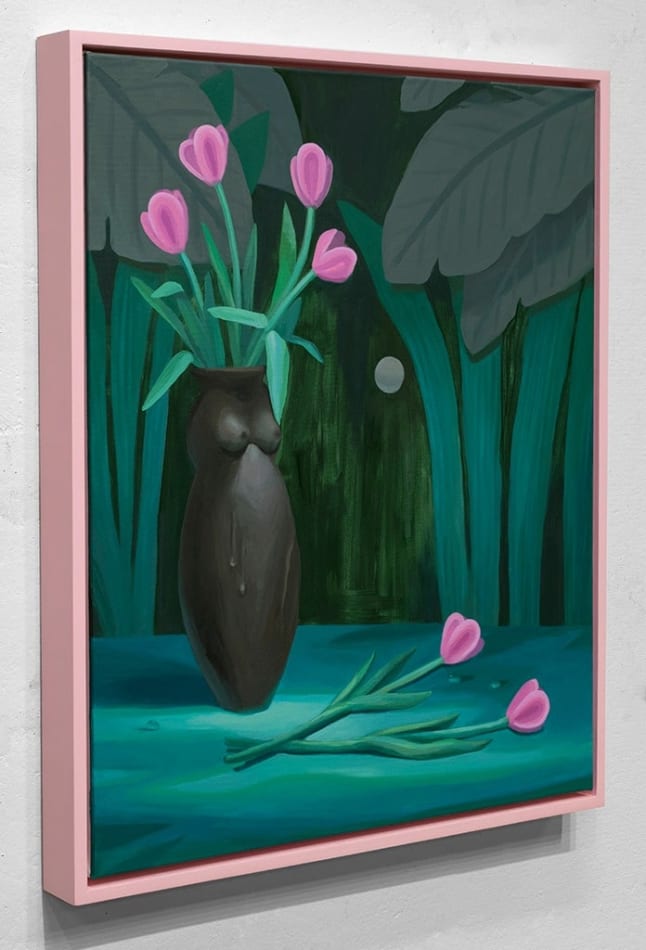 Corey Lamb painting of black vase shaped like female figure, filled with pink tulips, green foliage background (side angle)