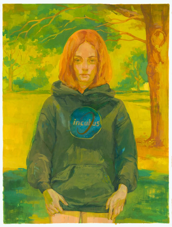 Painting of a woman standing under a tree on grass wearing a large black hoodie sweatshirt with a circle logo on the front. Her hair is short and red. She has no pants on.
