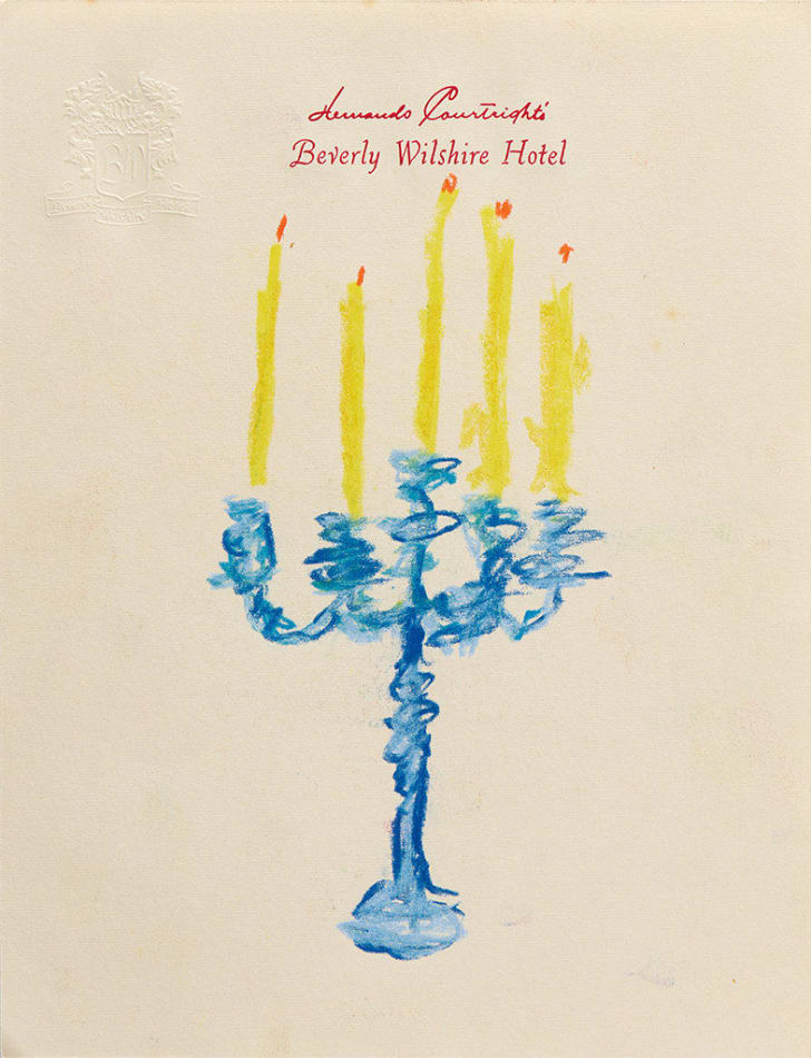 Drawing of a 5 candle candelabra on hotel stationery