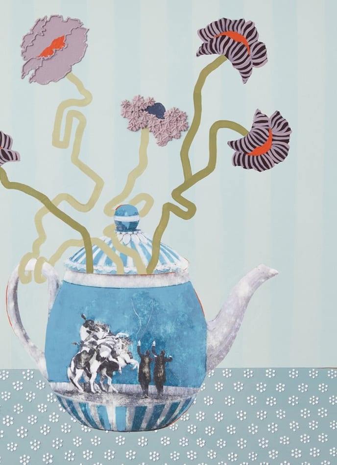 detail of Lizzie Gill painting of blue teapot with purple flowers coming out of it. Blue patterned background