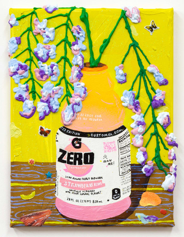 Nic Dyer painting of Gatorade bottle used as vase for pink and purple flowers