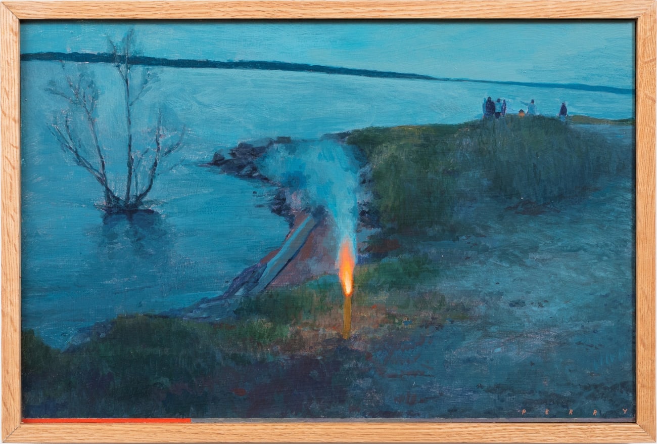 Painting of a firework going off next to a river bed. In the water is a bare tree